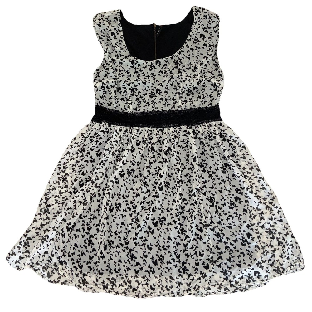 Fire Los Angeles Dress L White Black Butterflies Lace Waist Festival Y2K Vintage